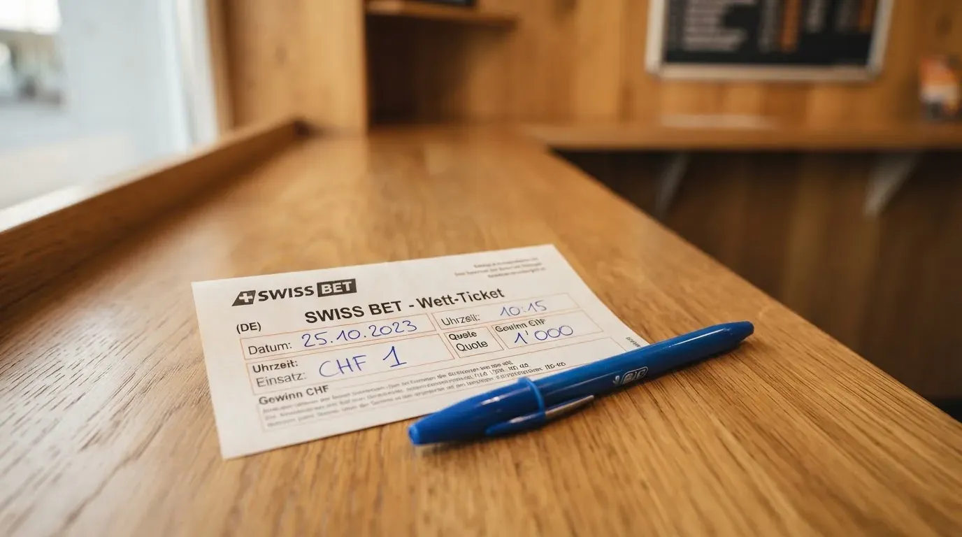 Ein unbeschriebener Papierwettschein und ein Kugelschreiber liegen auf einer hölzernen Ladentheke im Tageslicht.