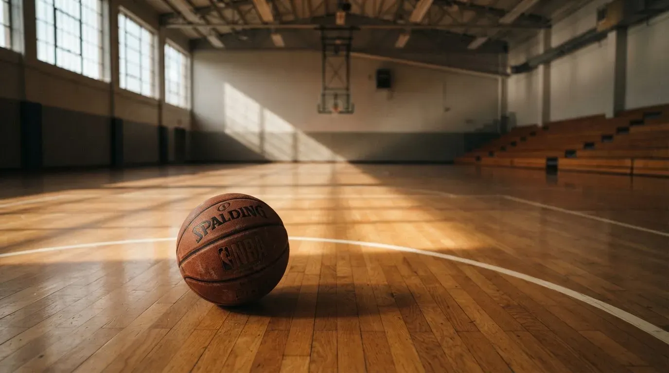 Ein Basketball ruht auf dem Parkett einer leeren Sporthalle, durch hohe Fenster fällt Tageslicht.
