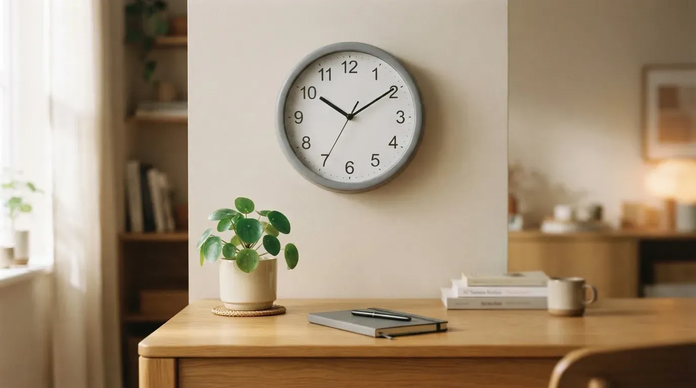 Eine Wanduhr hängt in einem ruhigen Büro, davor ein aufgeräumter Tisch mit einer Pflanze.