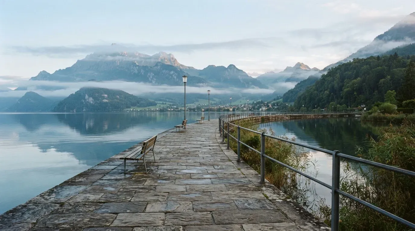 Eine Uferpromenade an einem Schweizer See liegt am frühen Morgen leer da, am anderen Ufer ragen Berge auf.