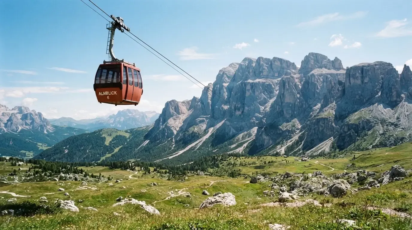 Eine Seilbahnkabine schwebt über einer Alpwiese, im Hintergrund zeichnen sich Felswände ab.
