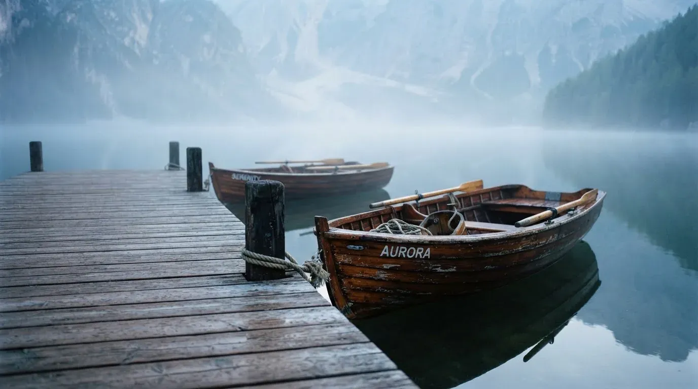 Ruderboote liegen am hölzernen Steg eines Sees, über dem Wasser hängt feiner Morgendunst.