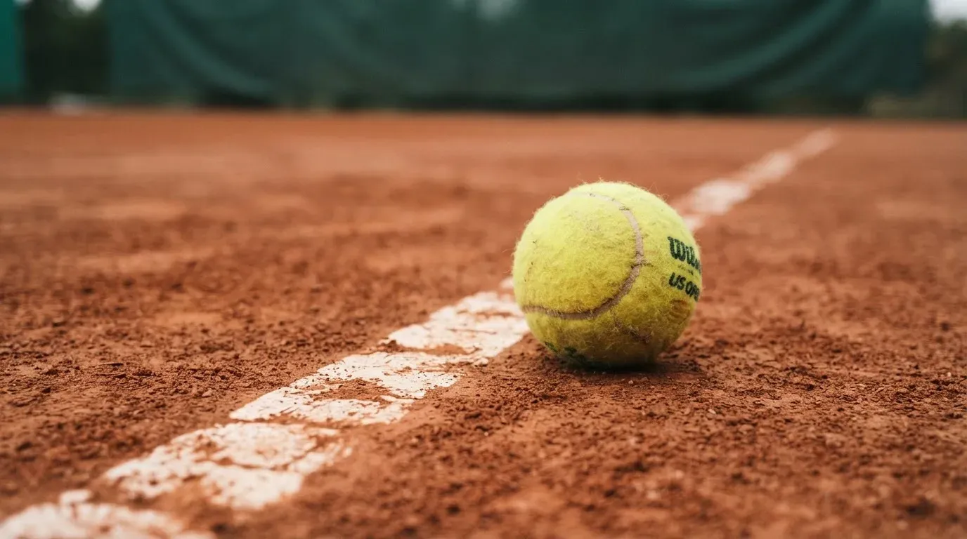Ein Tennisball liegt auf rotem Sand neben einer verblassten Linie, das Licht ist weich.