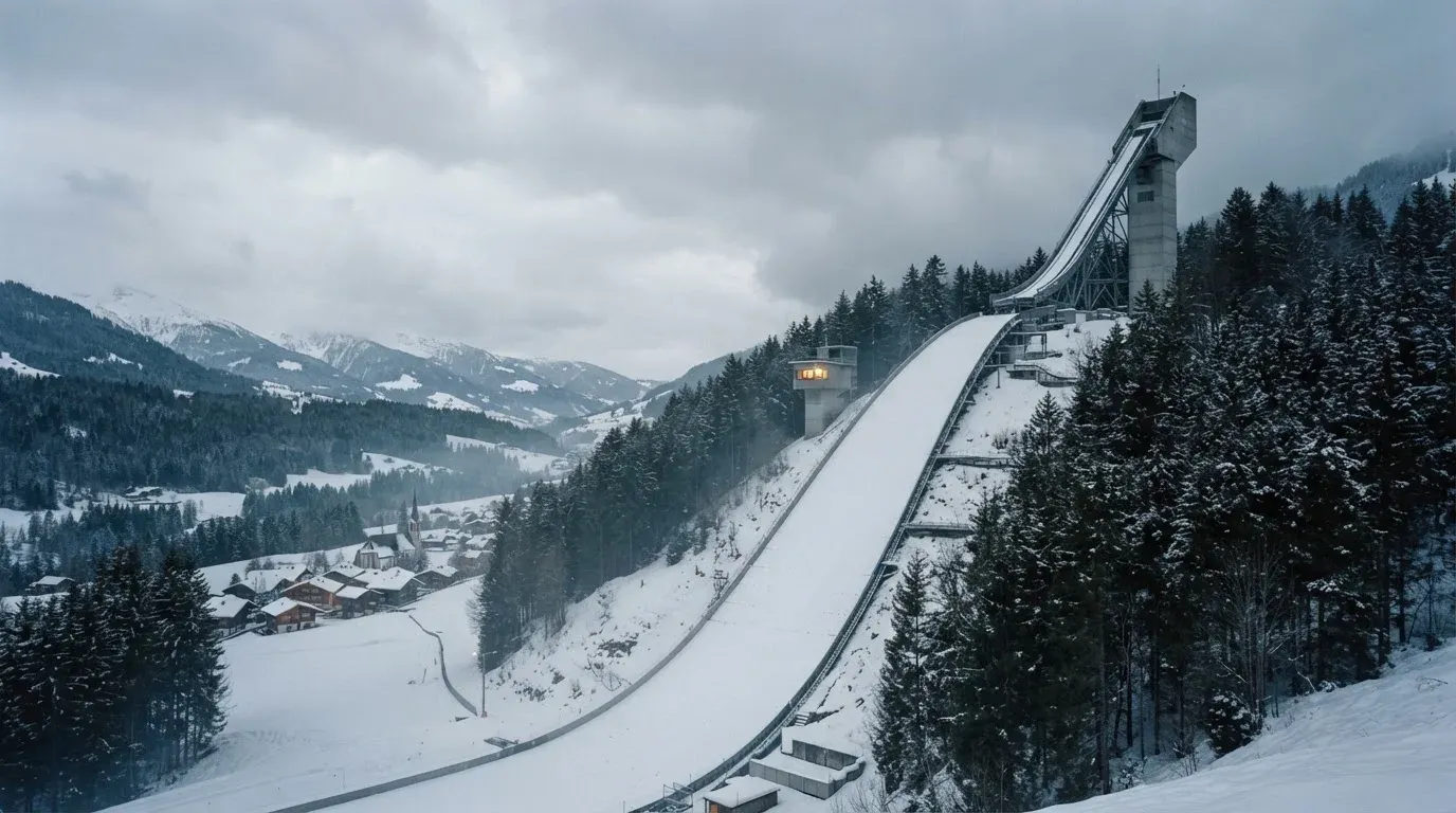 Eine verschneite Skisprungschanze erhebt sich unter grauem Himmel über einem stillen Tal.