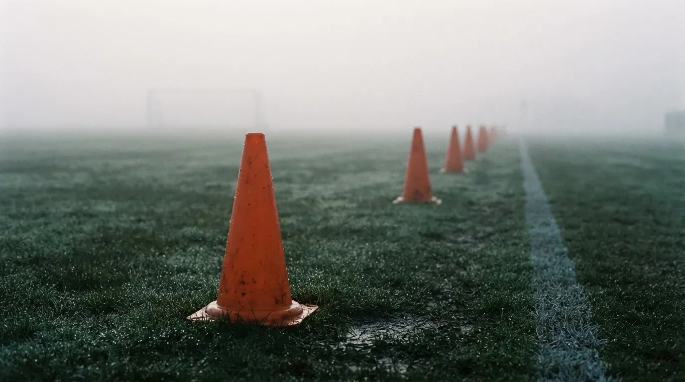 Orange Pylonen stehen auf einem Trainingsplatz im Nebel, die Ränder des Platzes verschwimmen im Dunst.