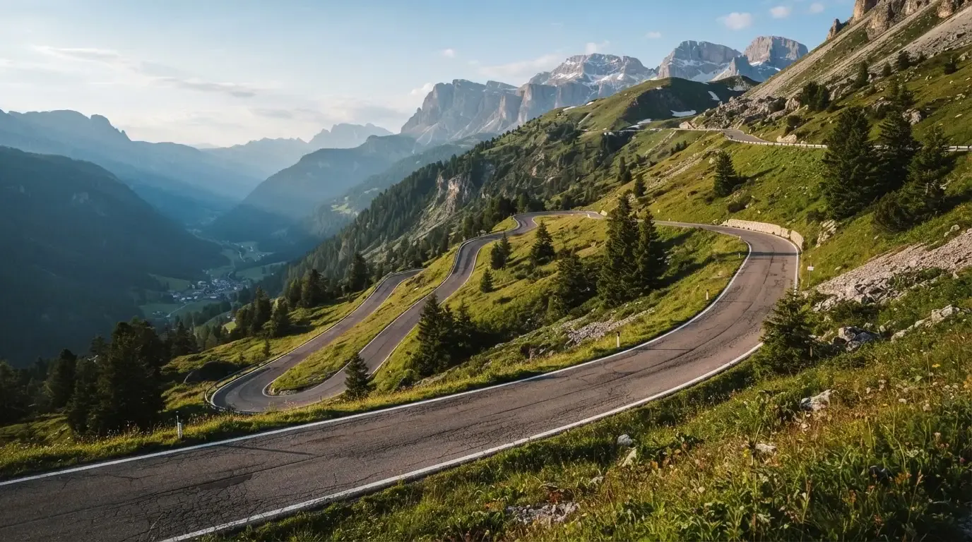 Eine Passstrasse zieht sich in Kehren einen Alpenhang hinauf, kein Fahrzeug ist zu sehen.
