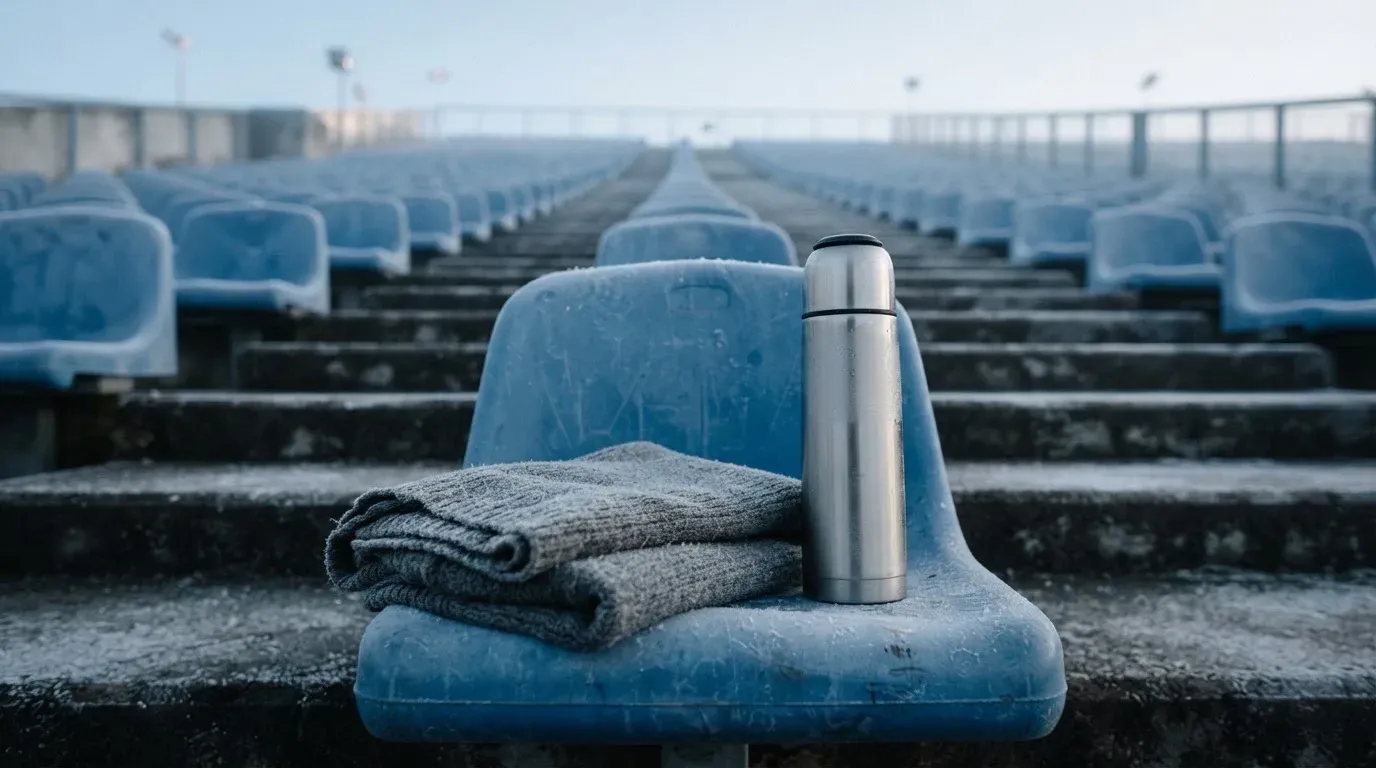 Ein grauer Wollschal und eine Thermoskanne liegen auf einem Sitz im winterlichen Stadion, Raureif liegt auf den Stufen.