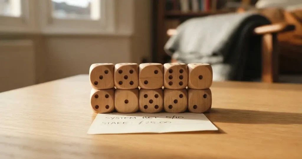 Zehn kleine Holzwürfel liegen in zwei ordentlichen Reihen auf einem hellen Tisch.