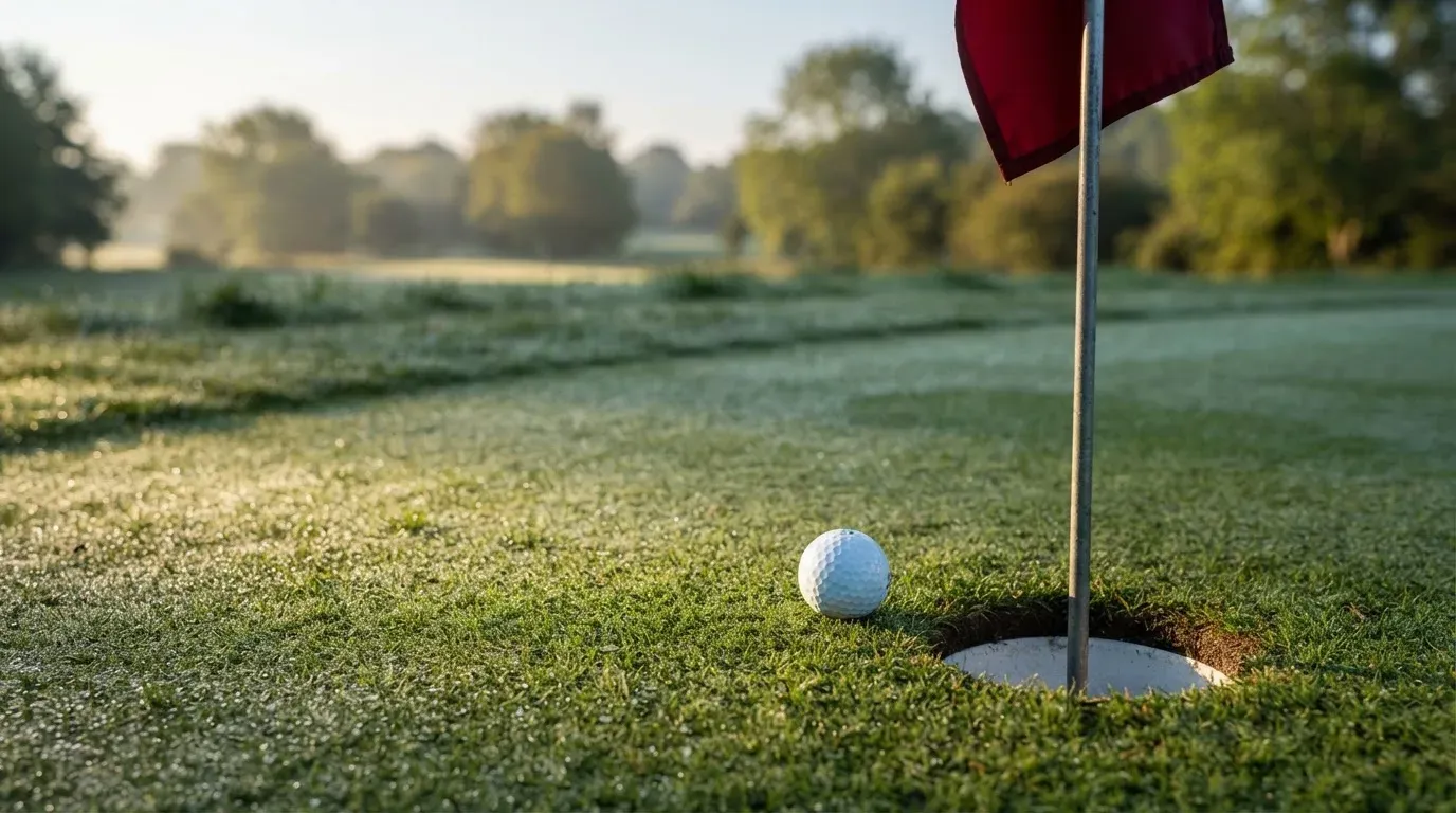 Ein Golfgrün liegt am frühen Morgen im Tau, ein Ball liegt nahe dem Loch.