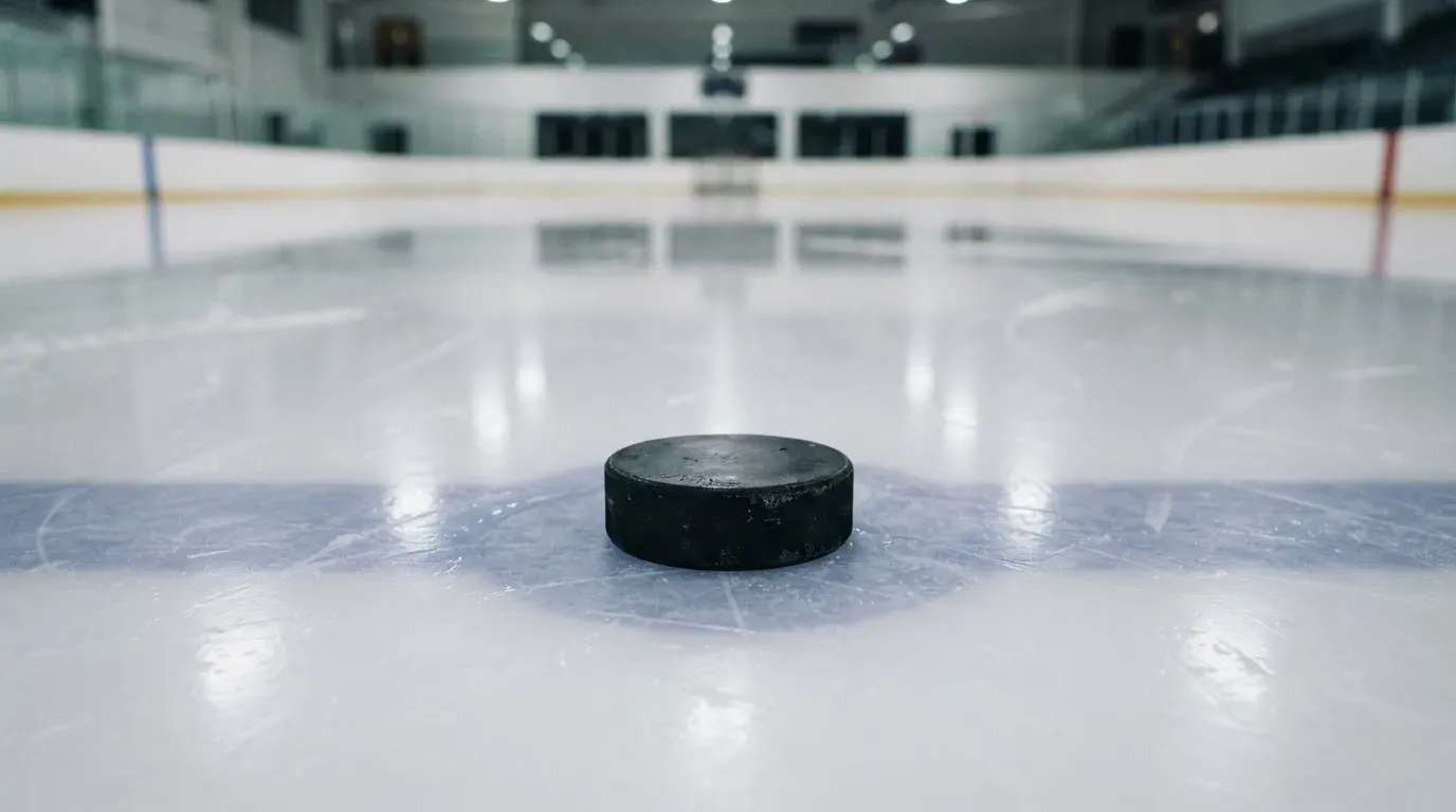 Ein Eishockeypuck liegt in Grossaufnahme auf glatter Eisfläche, im Eis spiegeln sich Hallenlichter.