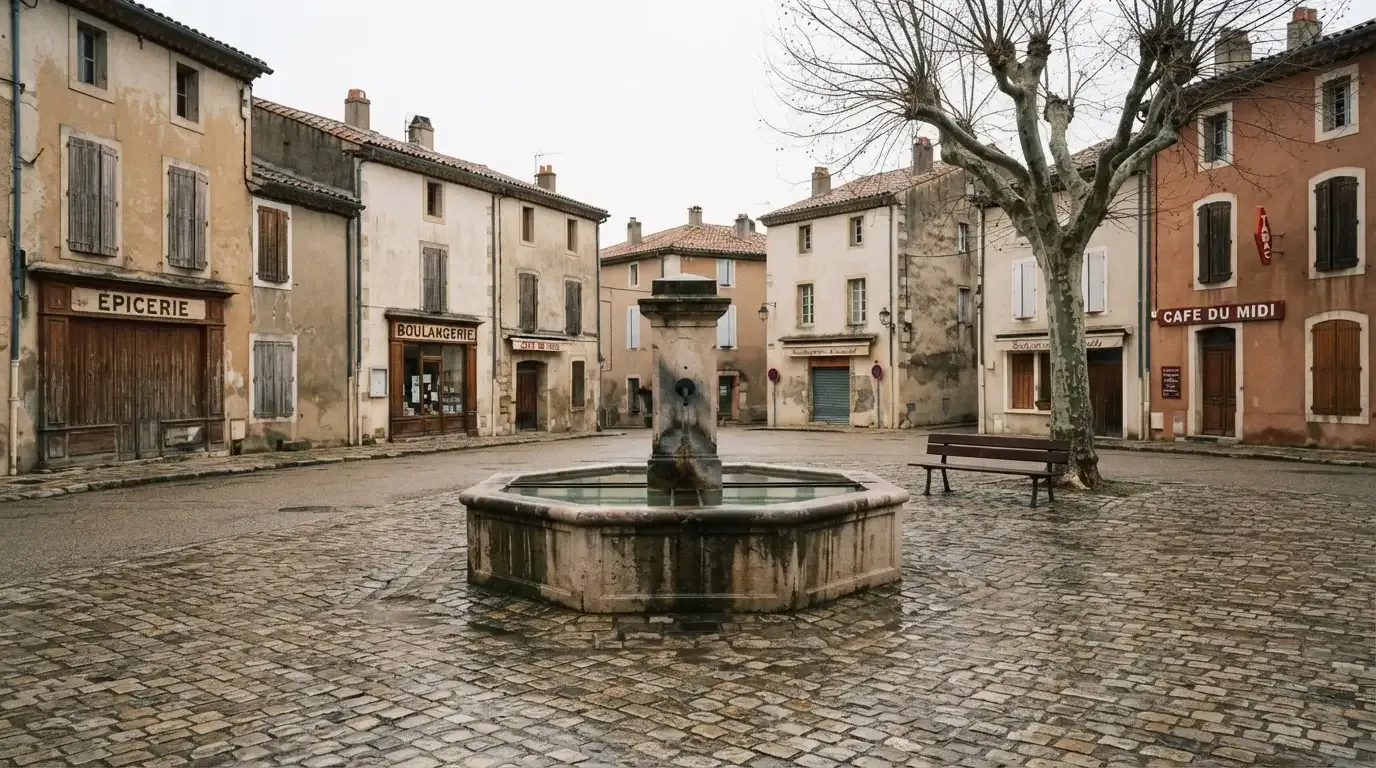 Ein Dorfplatz mit steinernem Brunnen liegt am Vormittag still da, die Läden ringsum sind noch geschlossen.