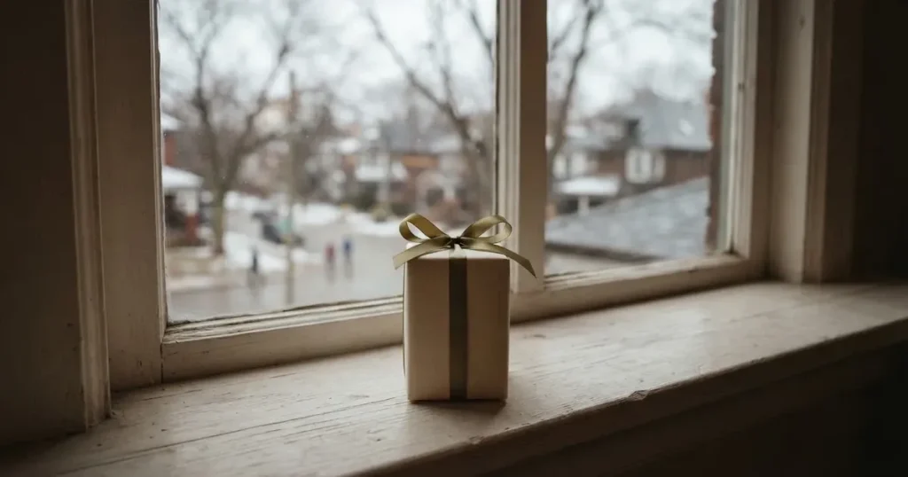 Eine kleine Schachtel mit Schleife steht auf einem Fensterbrett, dahinter ein grauer Wintertag.